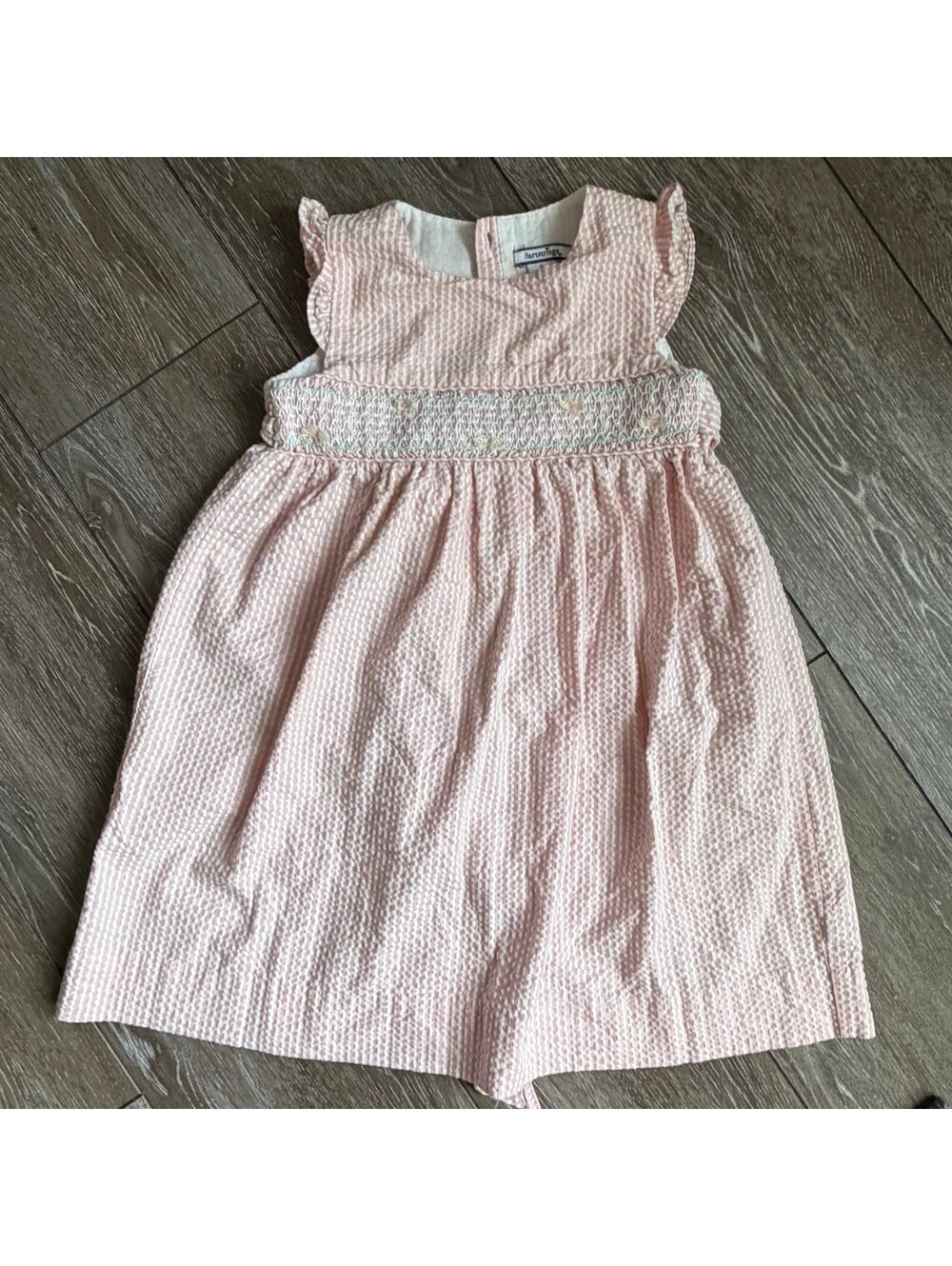 Vintage Hartstrings Pink Seersucker Smocked Dress Girls Size 5